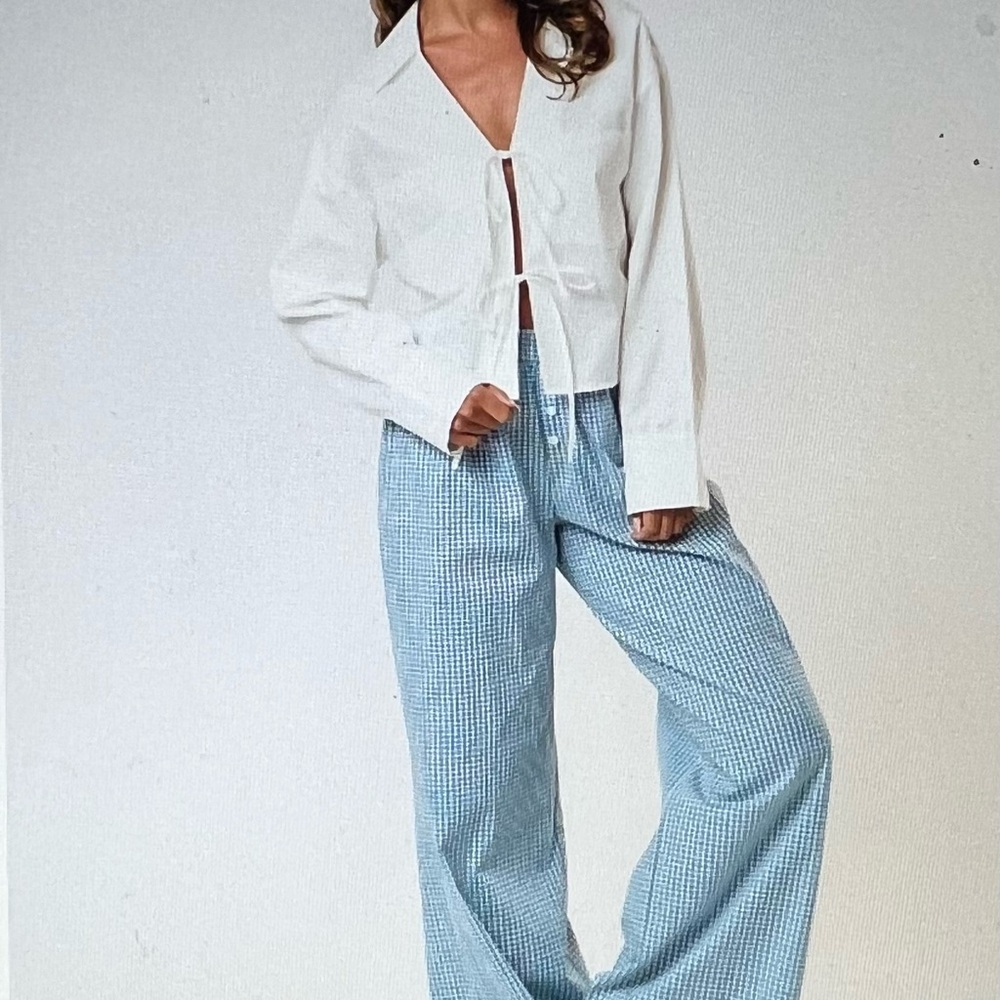 White and Blue Straight Leg Pants with Classic Fit